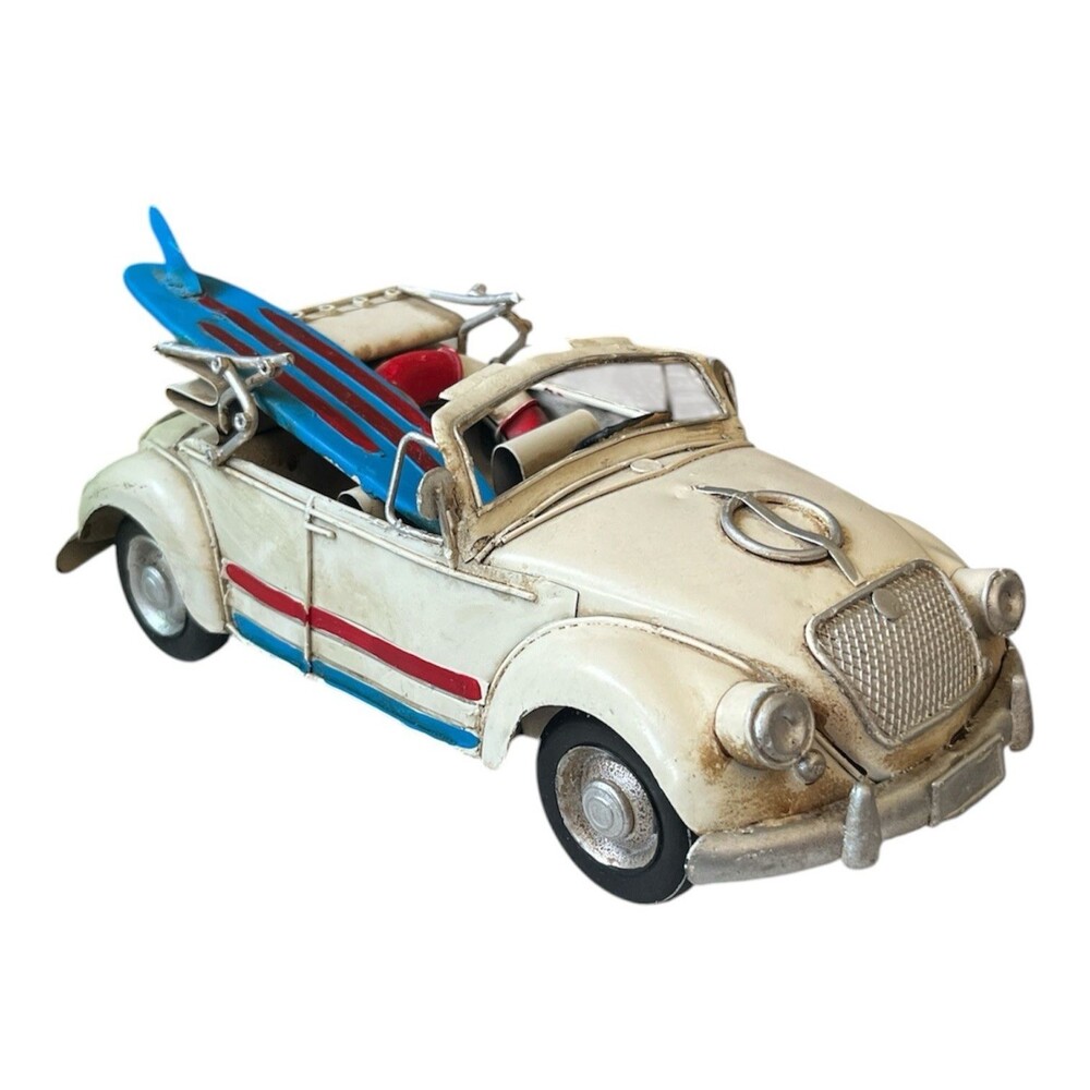 Classic VW Beetle Convertible with Surfboard Handmade Metal Décor Replica 10"